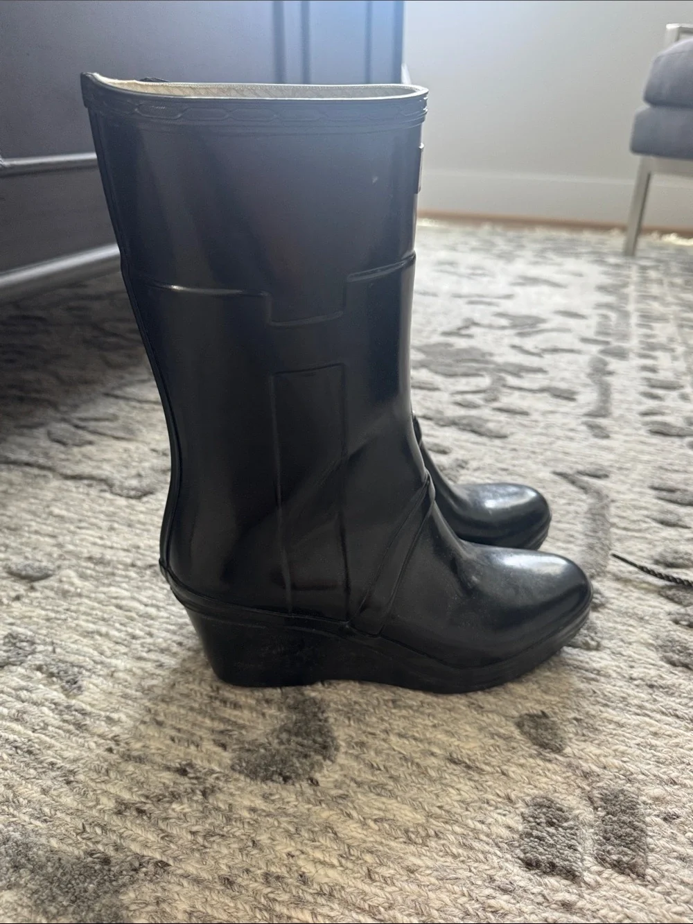 Hunter Woman’s  Black Gloss Tall Rain platform Boots